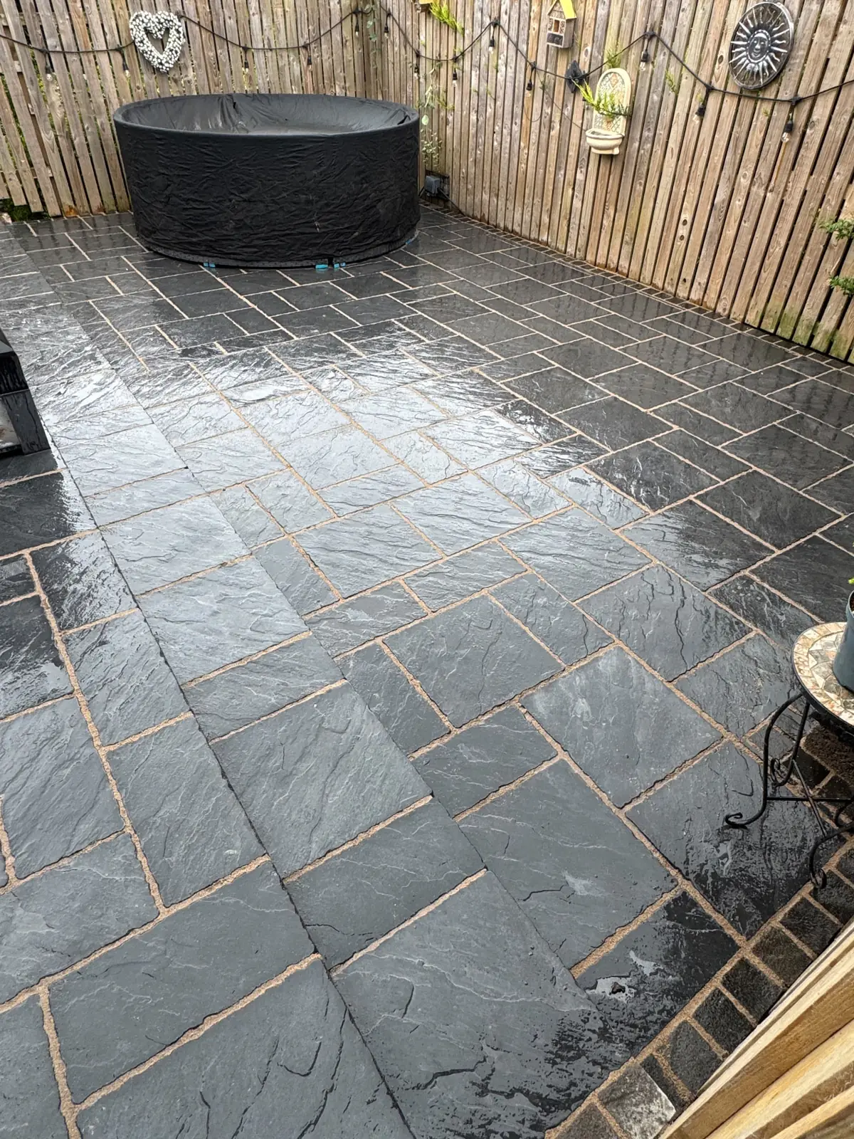 Slate patio with hot tub area