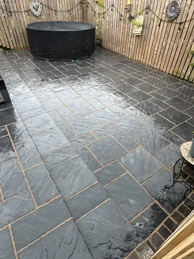 Slate patio with hot tub area