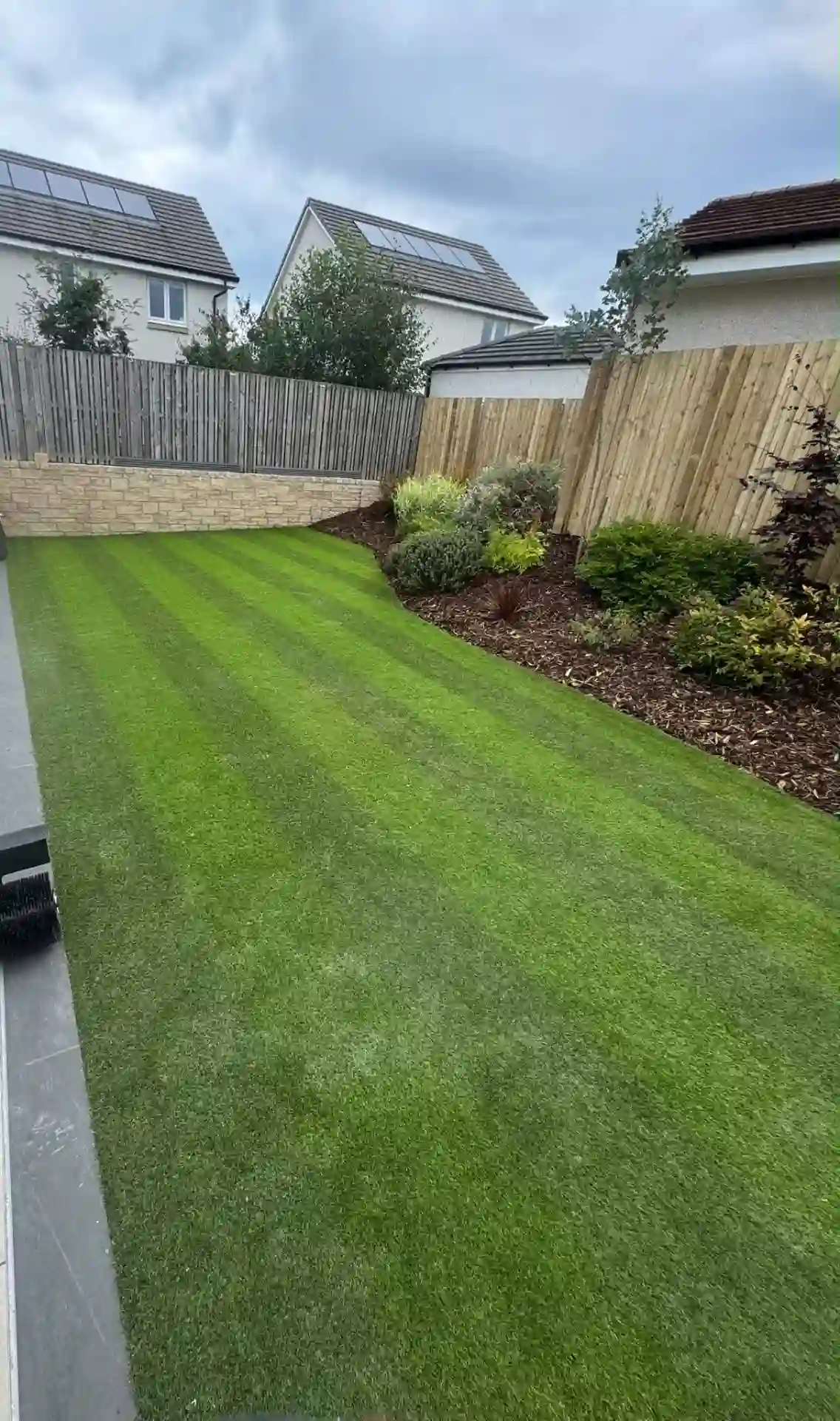 Freshly striped artificial lawn with planted beds and new fencing